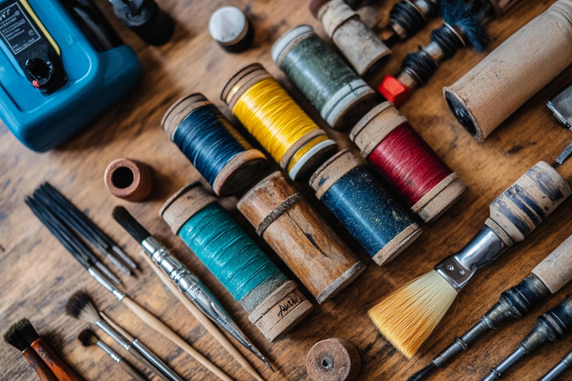 Thread spools and tools arranged